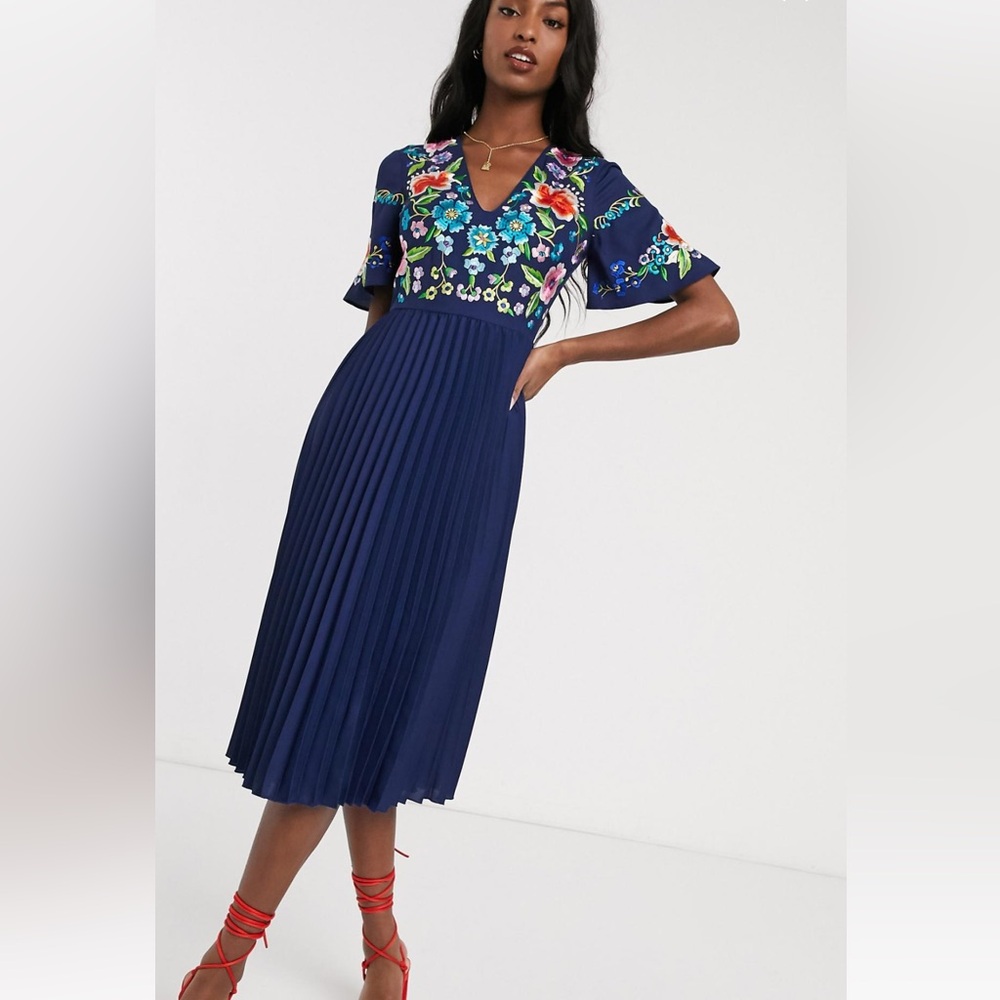 ASOS DESIGN Tall pleated embroidered midi dress in navy size 2
